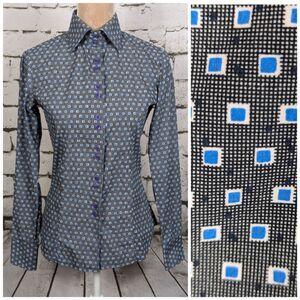 JARED LANG Gray & Blue Geometric Print Fitted Cotton Shirt Preppy Size 2